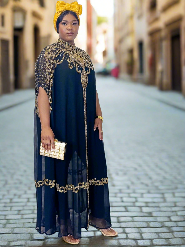 Embellished Black and Gold Kimono Dress