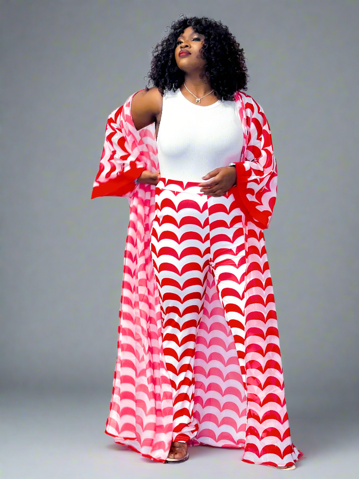 Breezy Red Wave Chiffon Set for Summer Leisure