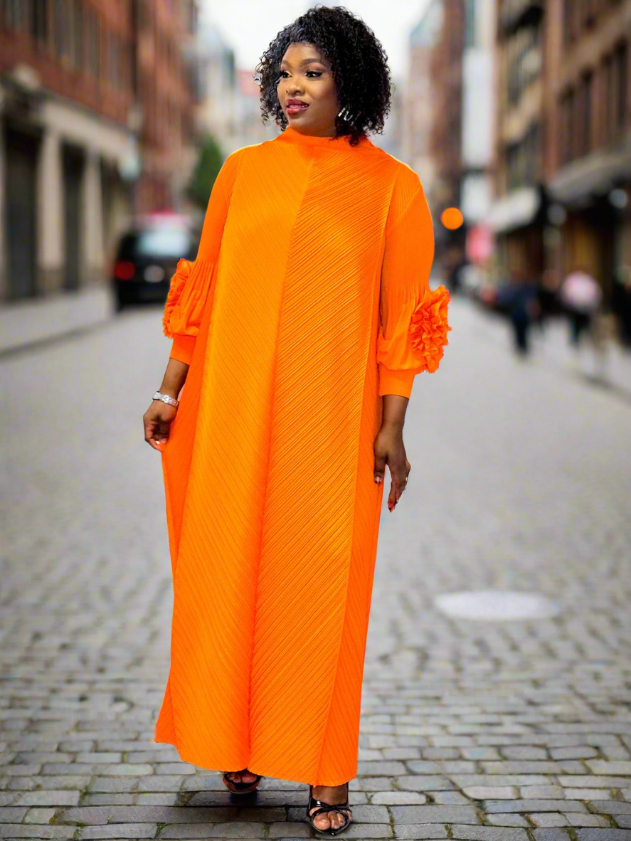 Orange Pleated Midi Dress