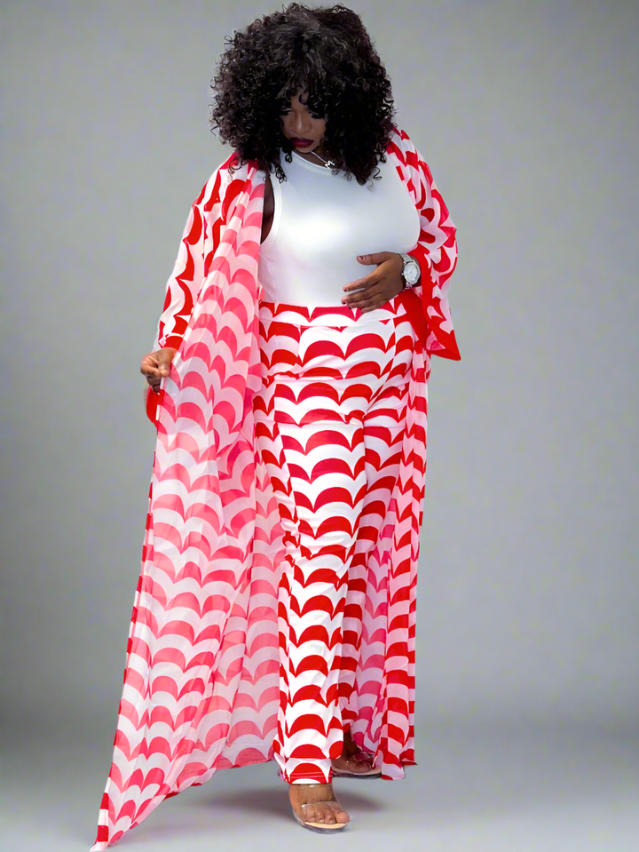 Breezy Red Wave Chiffon Set for Summer Leisure