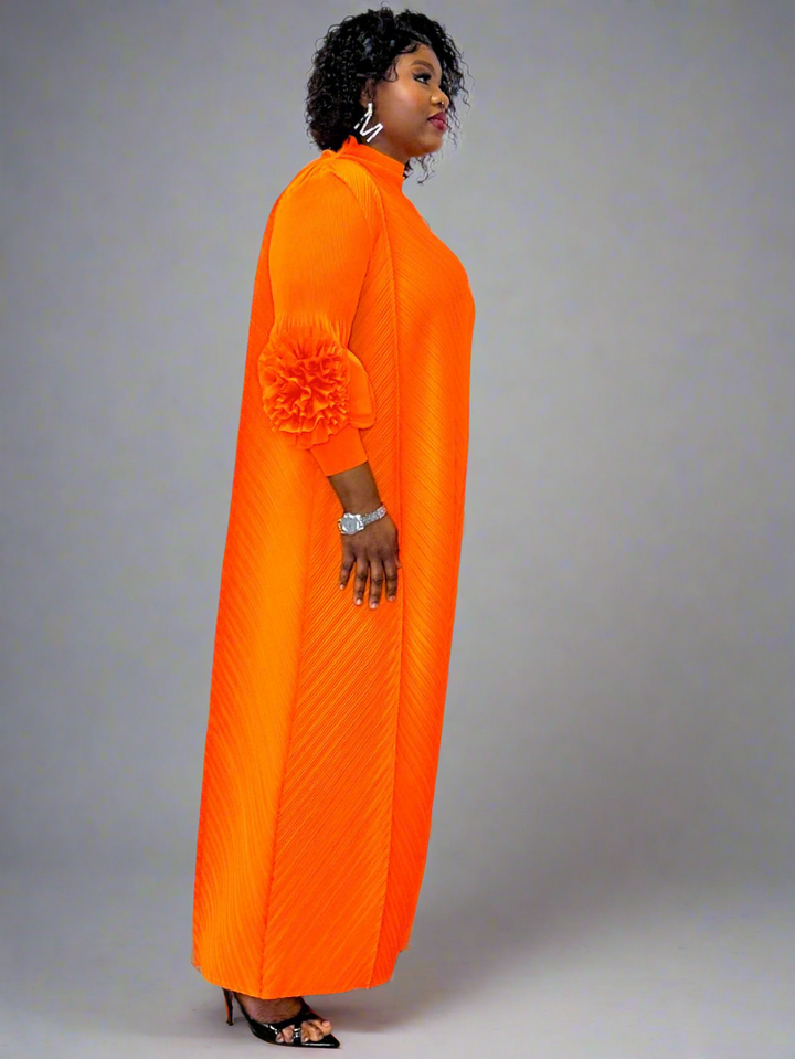 Orange Pleated Midi Dress