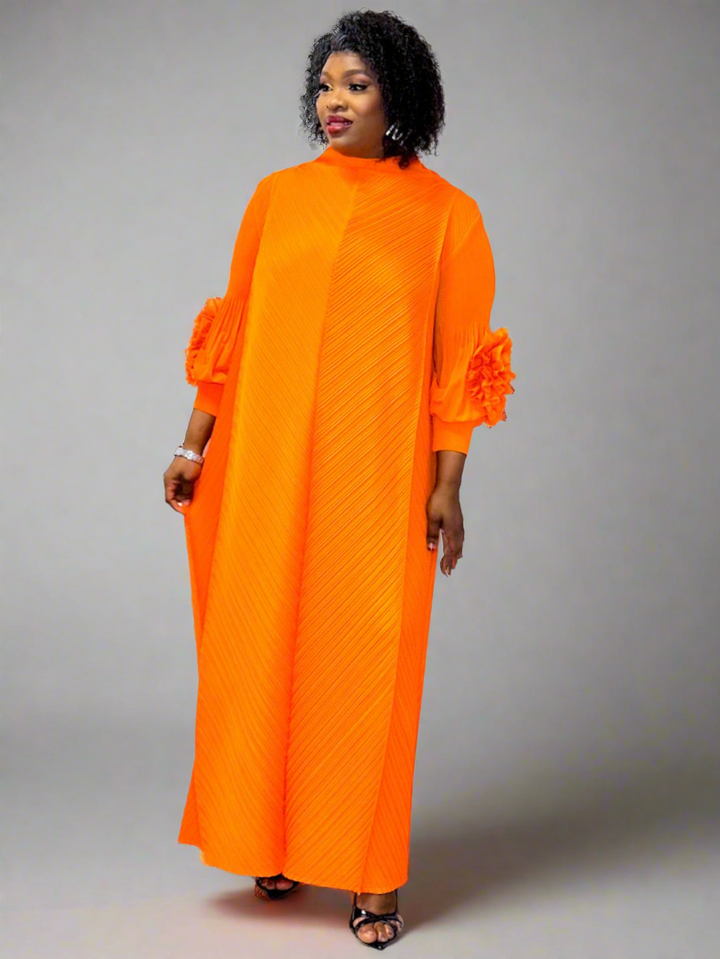 Orange Pleated Midi Dress