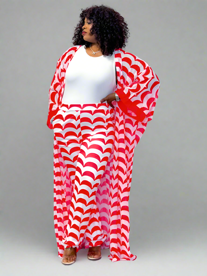 Breezy Red Wave Chiffon Set for Summer Leisure