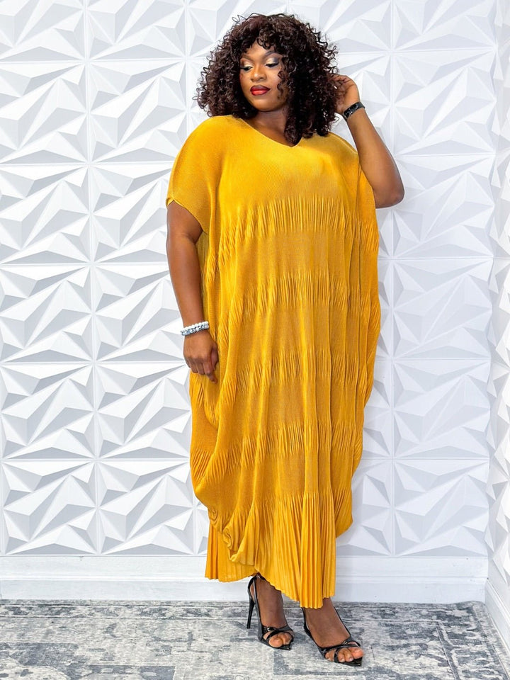 Elegant Mustard Pleated Maxi Dress with Bow Neck Detail – Unleash Your Inner Radiance - Opulent Shines Casual Dress