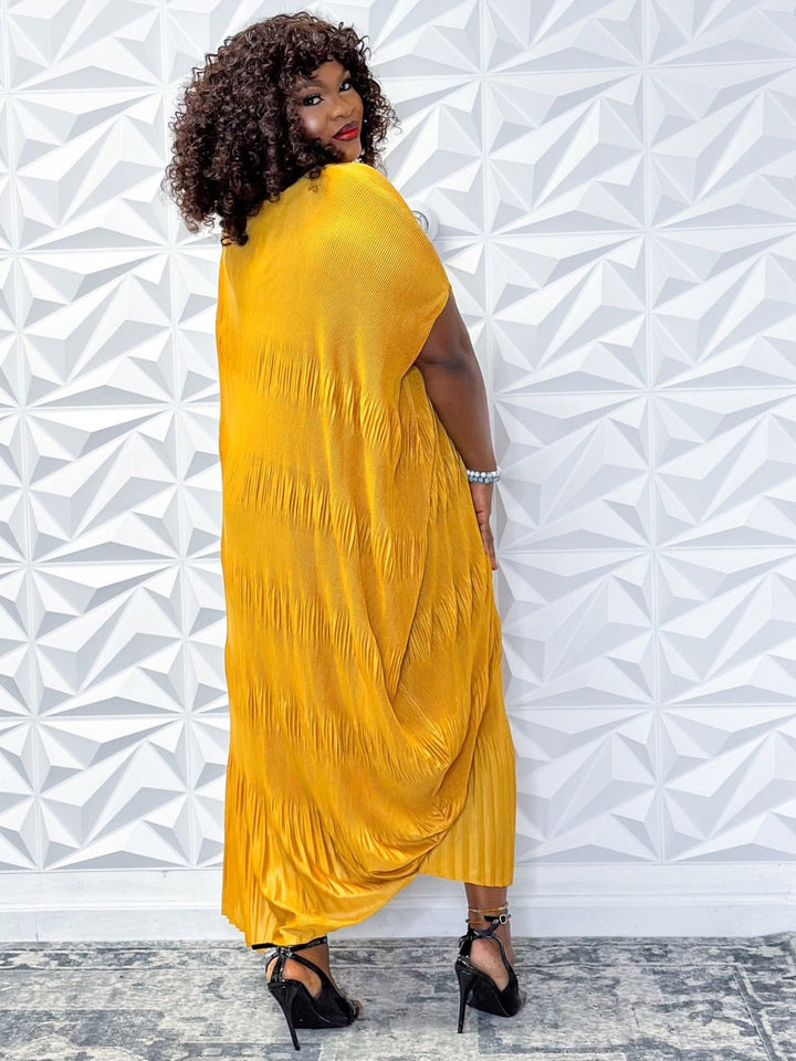 Elegant Mustard Pleated Maxi Dress with Bow Neck Detail – Unleash Your Inner Radiance - Opulent Shines Casual Dress