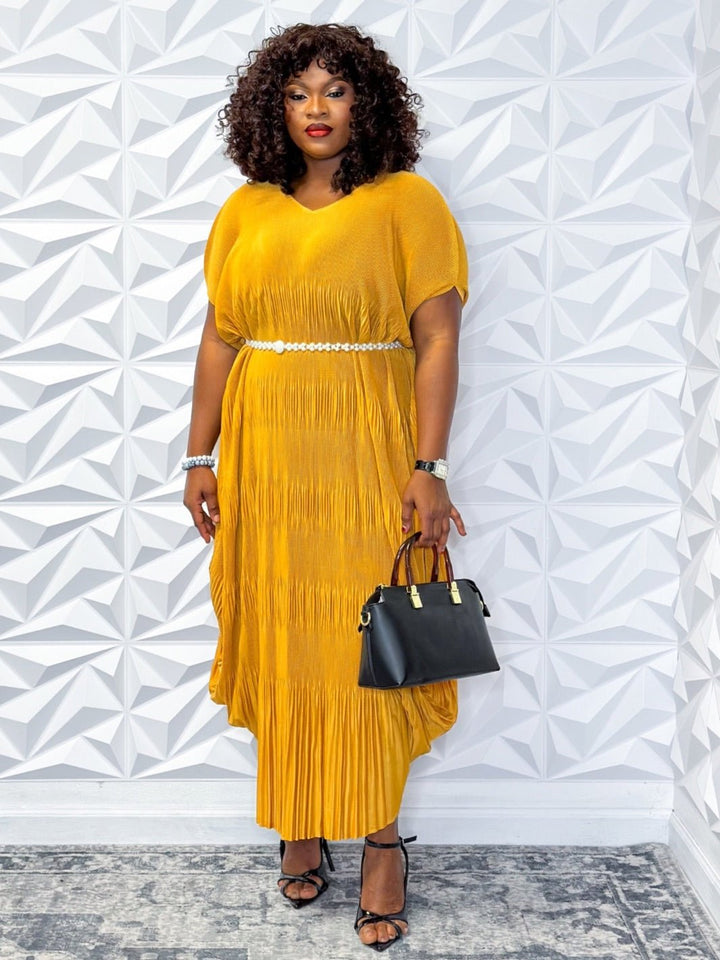 Elegant Mustard Pleated Maxi Dress with Bow Neck Detail – Unleash Your Inner Radiance - Opulent Shines Casual Dress