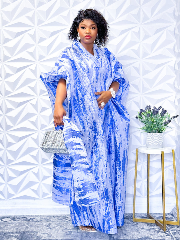 Indigo Impressions Jacquard Dress with Designer Scarf - Opulent Shines Kaftan Dress