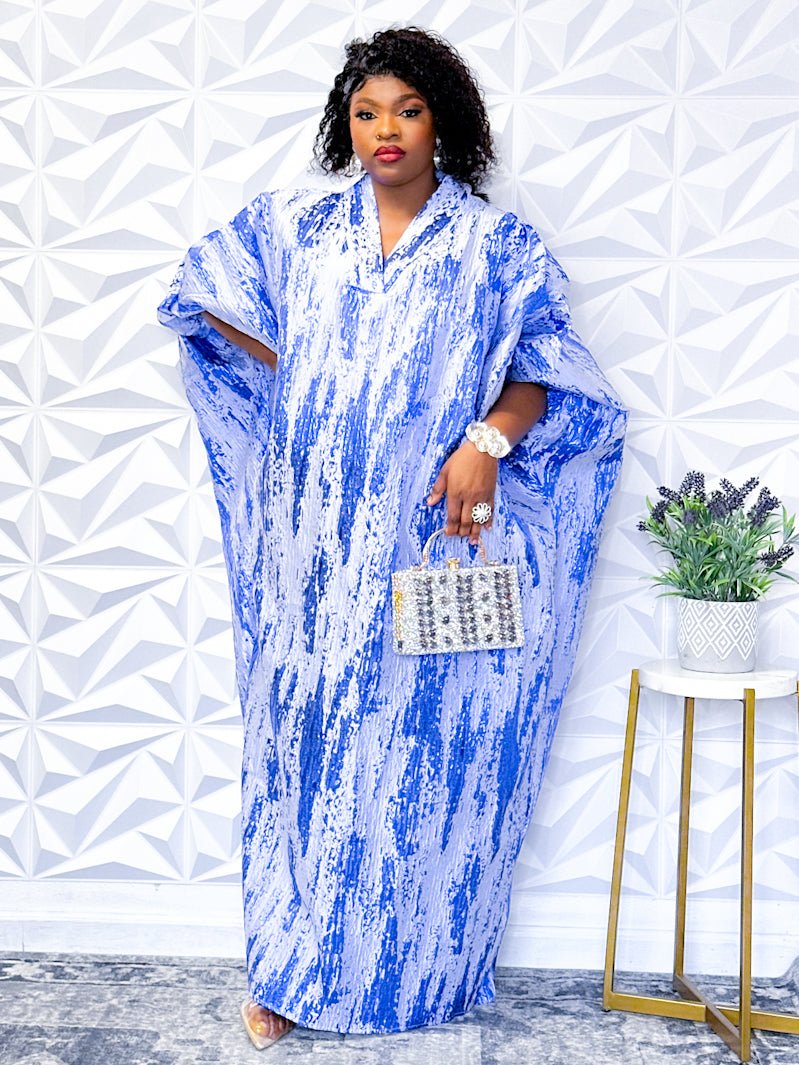 Indigo Impressions Jacquard Dress with Designer Scarf - Opulent Shines Kaftan Dress