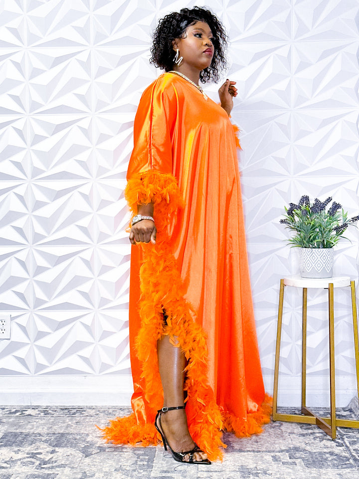 Luxurious Orange Silk Robe with Feather Trim - Opulent Shines Casual Dress