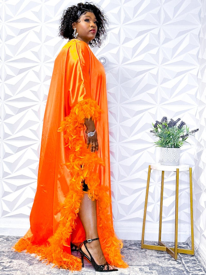 Luxurious Orange Silk Robe with Feather Trim - Opulent Shines Casual Dress