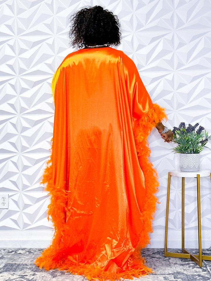 Luxurious Orange Silk Robe with Feather Trim - Opulent Shines Casual Dress