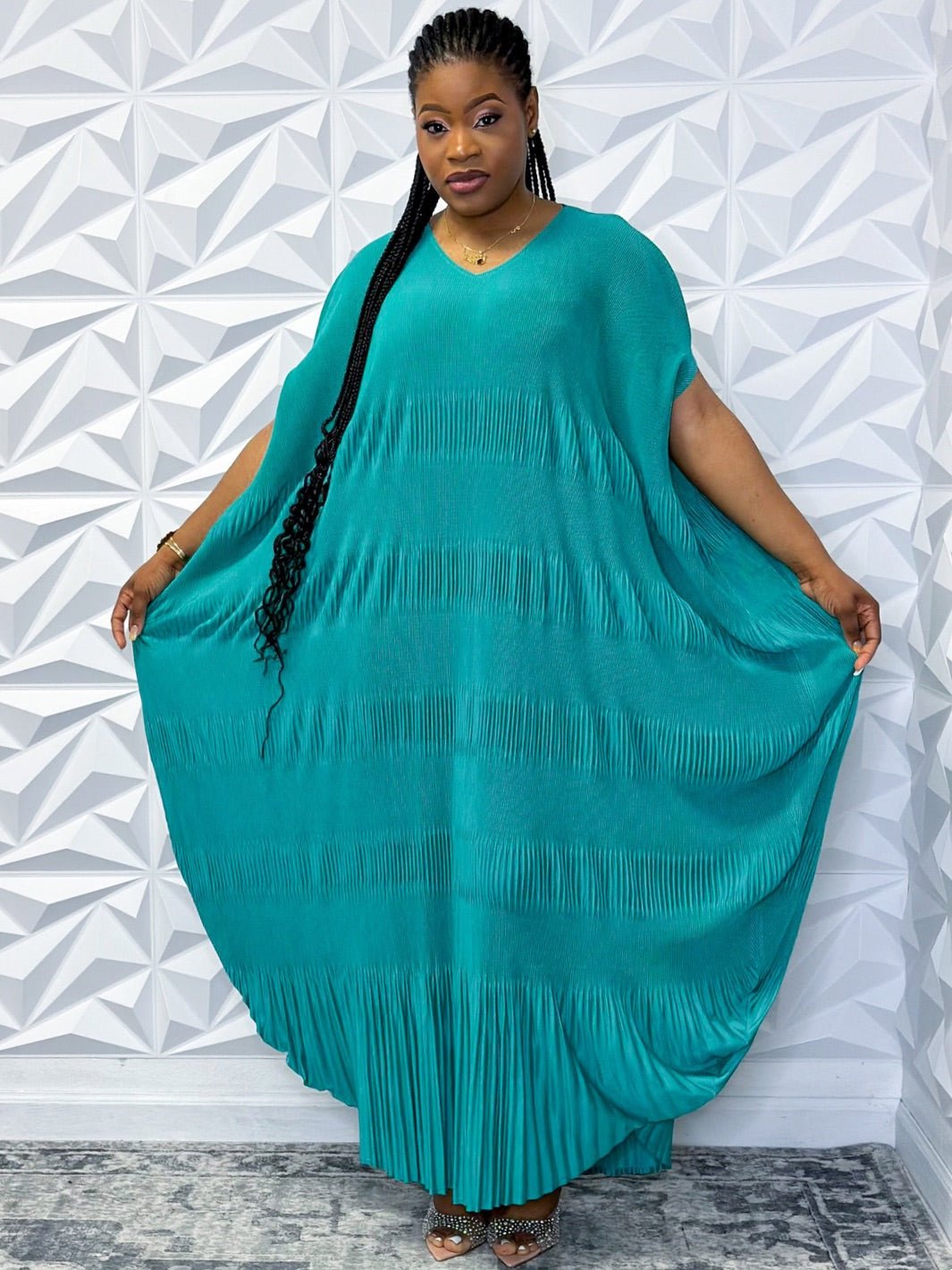 Mint Pleated Dress - Butterfly Sleeves & V - Neck - Opulent Shines Casual Dress