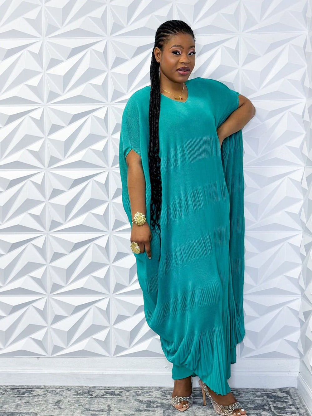 Mint Pleated Dress - Butterfly Sleeves & V - Neck - Opulent Shines Casual Dress