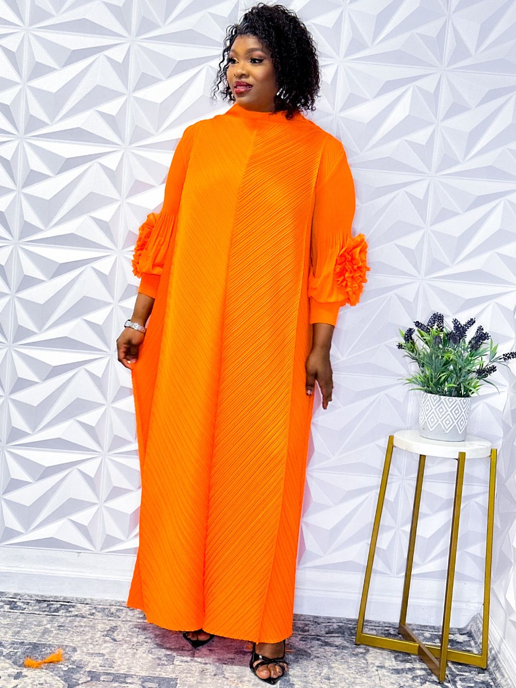 Orange Pleated Midi Dress - Opulent Shines Casual Dress