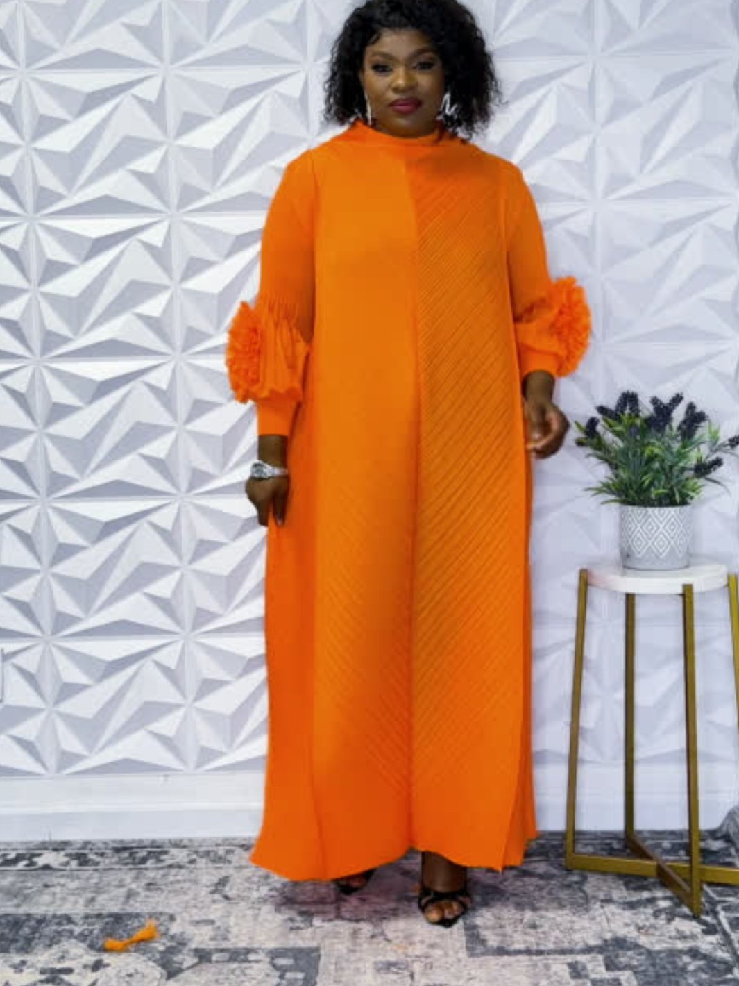 Orange Pleated Midi Dress - Opulent Shines Casual Dress