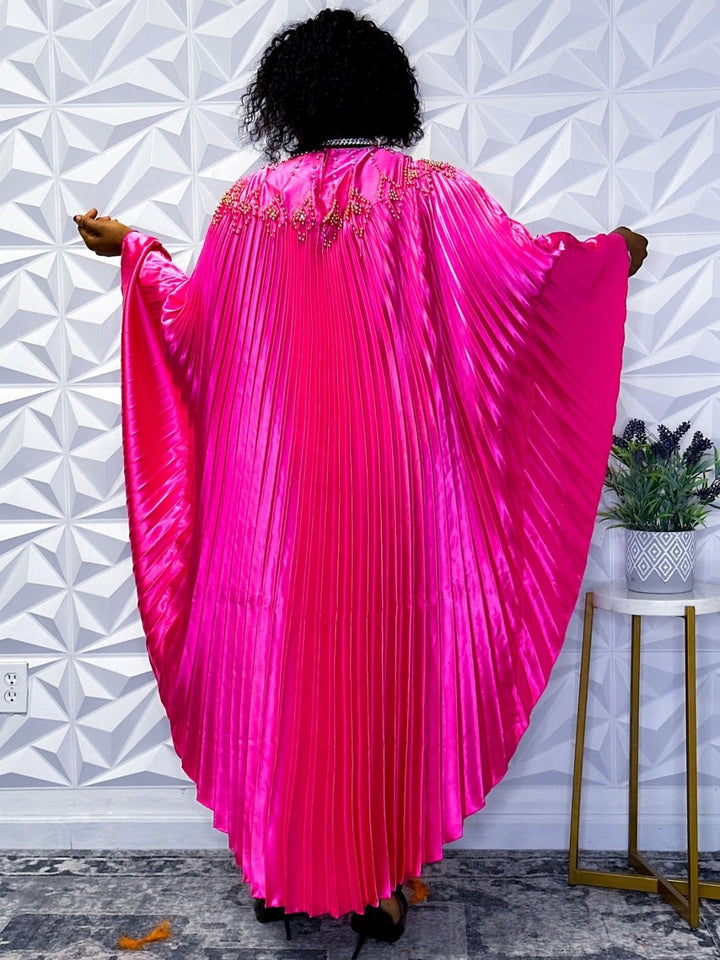 Radiant Pink Pleated Maxi Dress with Embellished Neckline - Opulent Shines Casual Dress