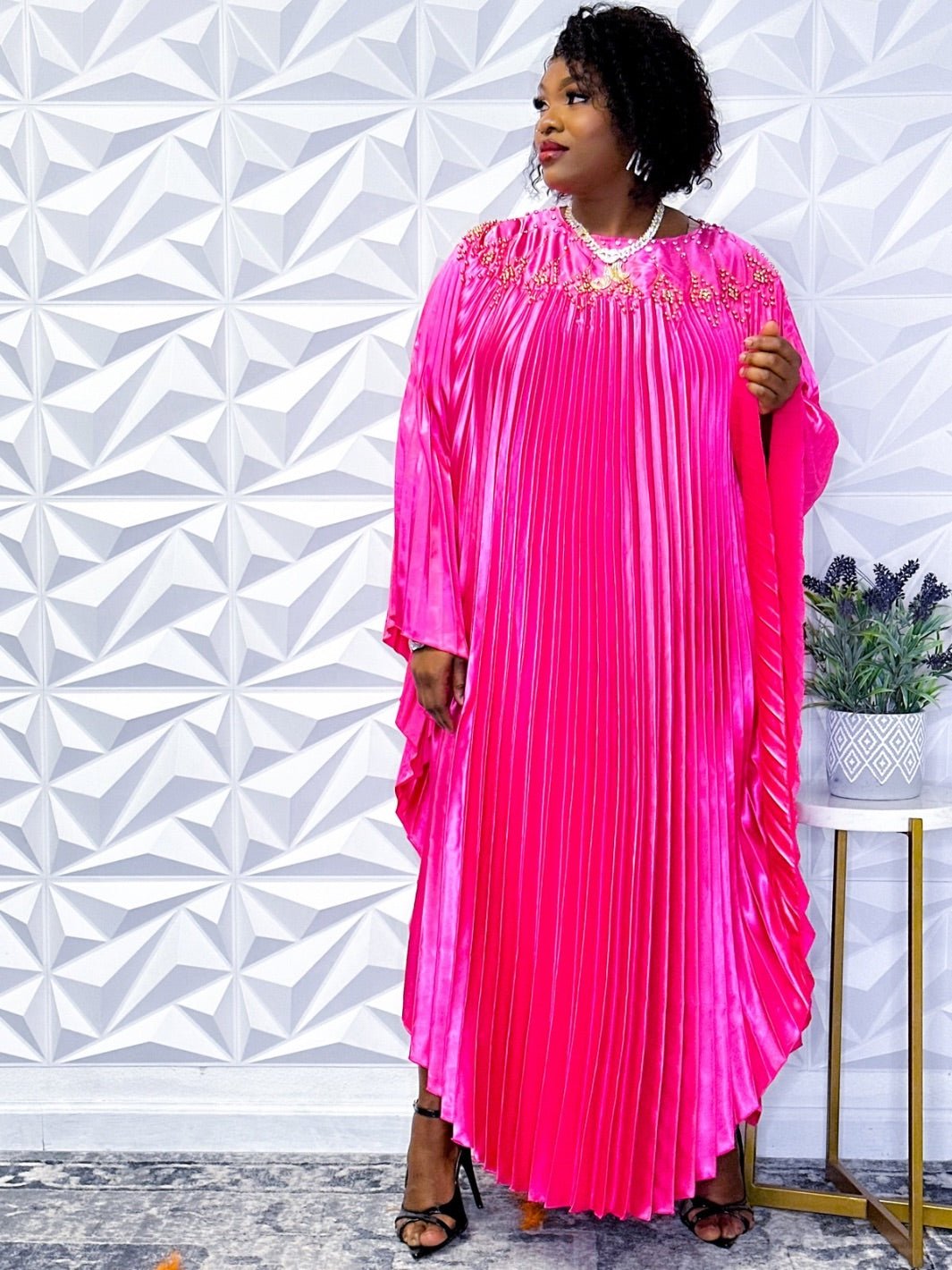 Radiant Pink Pleated Maxi Dress with Embellished Neckline - Opulent Shines Casual Dress