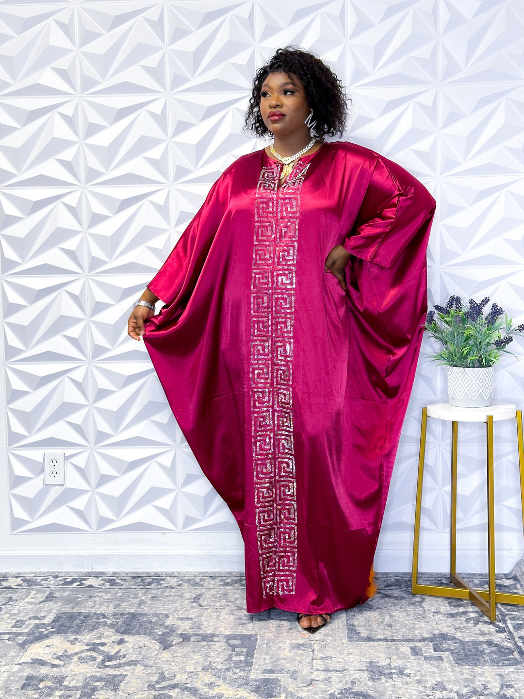 Regal Magenta Silk Robe with Embroidered Silver Accents - Opulent Shines Kaftan Dress