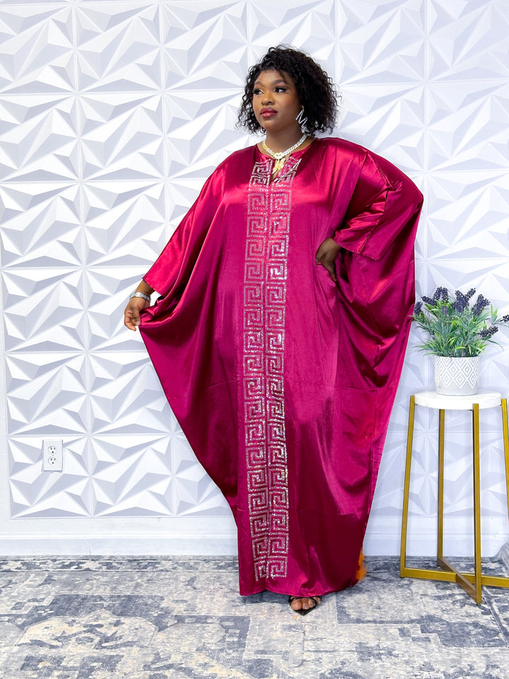 Regal Magenta Silk Robe with Embroidered Silver Accents - Opulent Shines Kaftan Dress