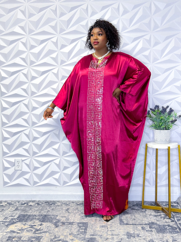 Regal Magenta Silk Robe with Embroidered Silver Accents - Opulent Shines Kaftan Dress