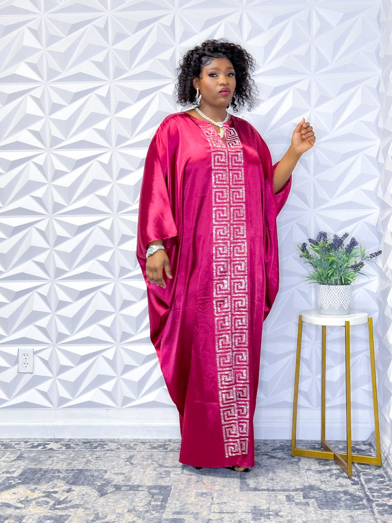 Regal Magenta Silk Robe with Embroidered Silver Accents - Opulent Shines Kaftan Dress