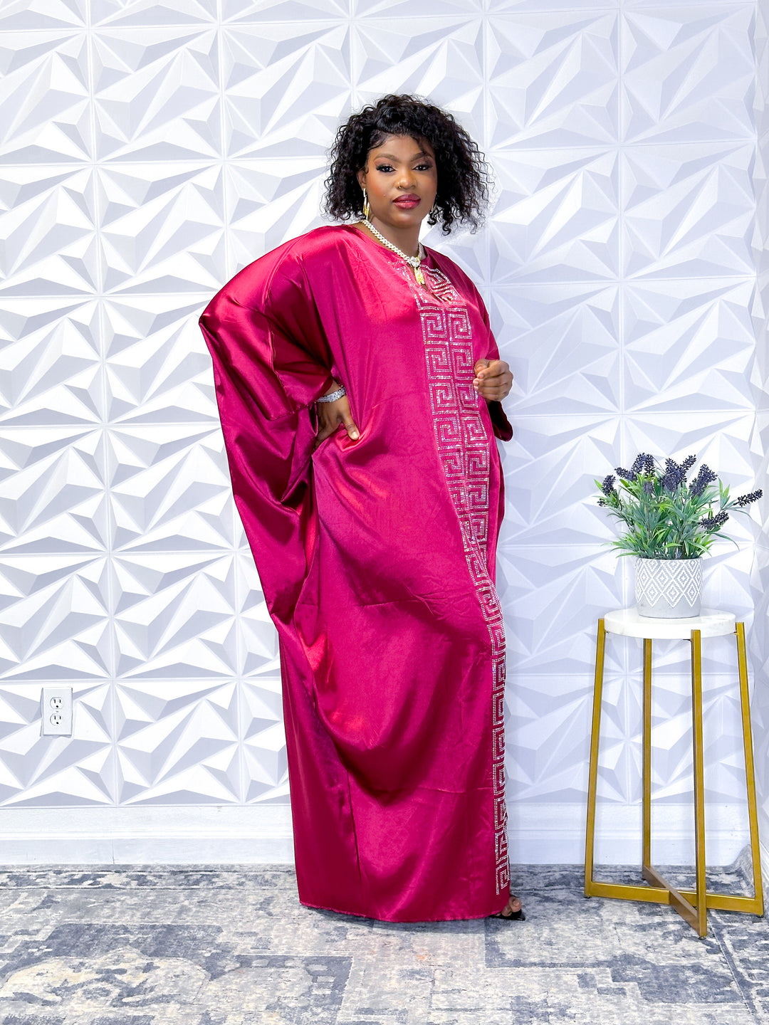 Regal Magenta Silk Robe with Embroidered Silver Accents - Opulent Shines Kaftan Dress