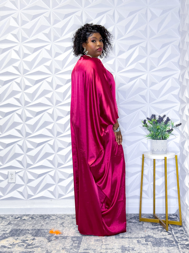 Regal Magenta Silk Robe with Embroidered Silver Accents - Opulent Shines Kaftan Dress