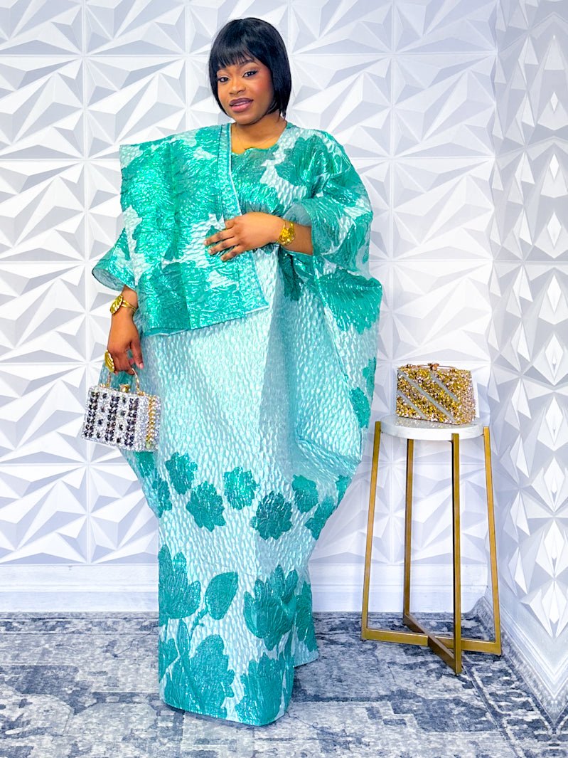 Teal Blossom Jacquard Kaftan - Traditional Meets Modern - Opulent Shines Kaftan Dress