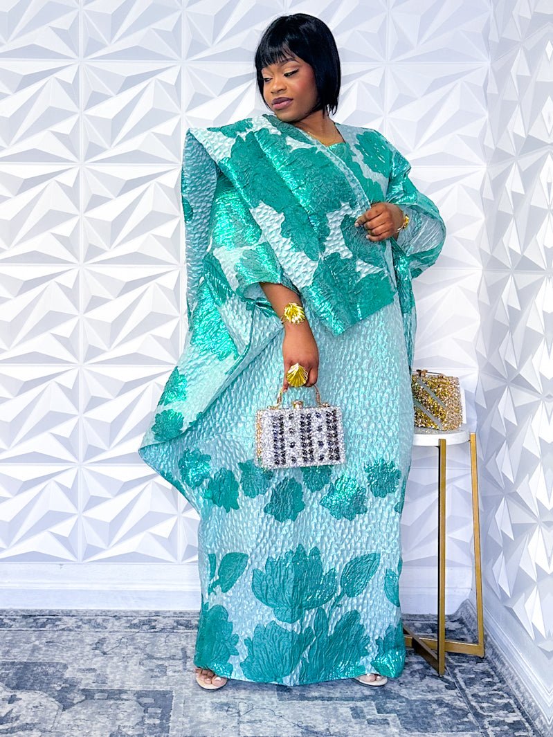 Teal Blossom Jacquard Kaftan - Traditional Meets Modern - Opulent Shines Kaftan Dress